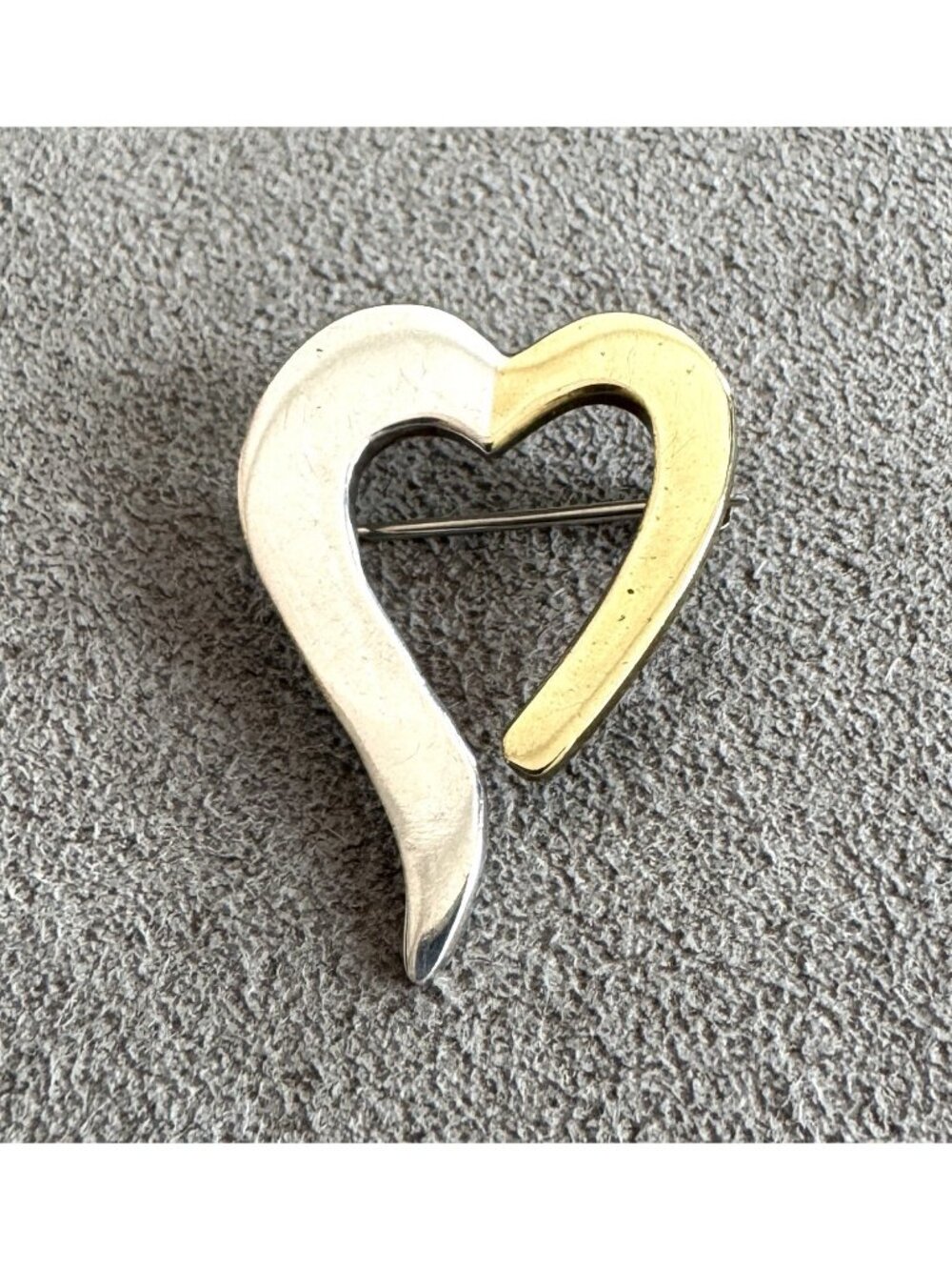 Vintage STERLING Silver BRASS 2-Tone HEART BROOCH Taxco Mexico 1.25" Signed